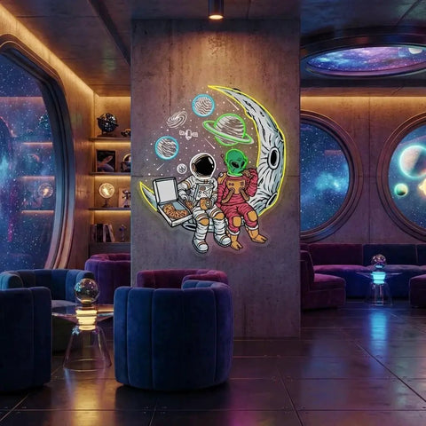 Astronaut And Alien Chill Together Pop Art Led Neon Sign Light