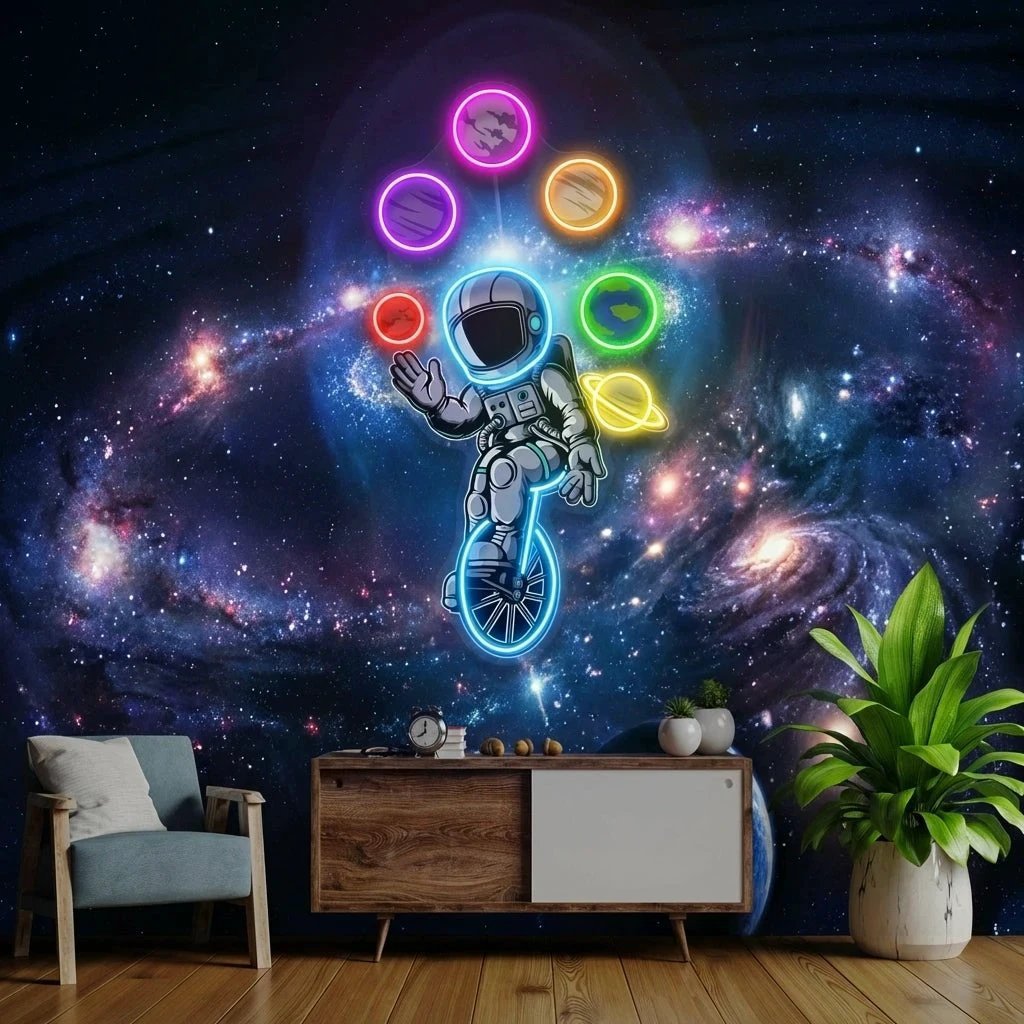 Astronaut Juggling Circus Galaxy Planets Artwork Led Neon Sign Light