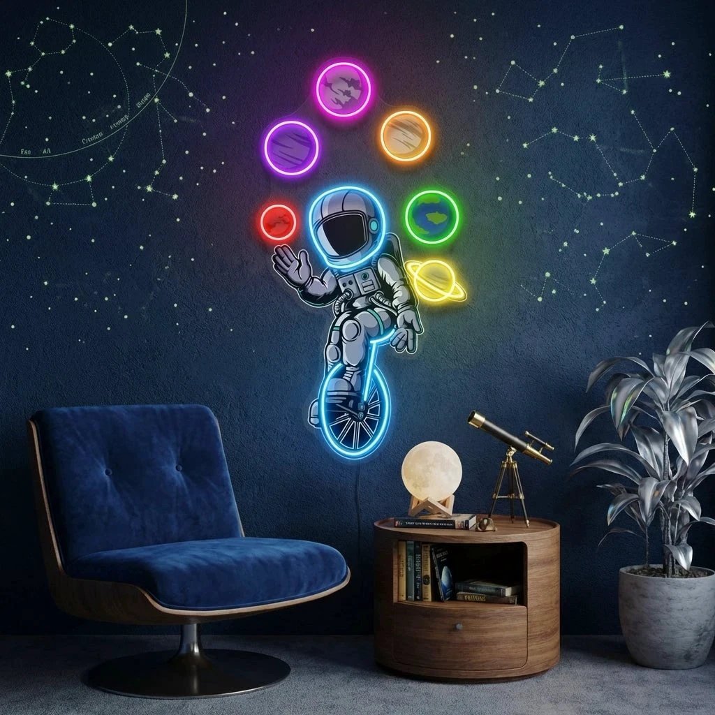 Astronaut Juggling Circus Galaxy Planets Artwork Led Neon Sign Light