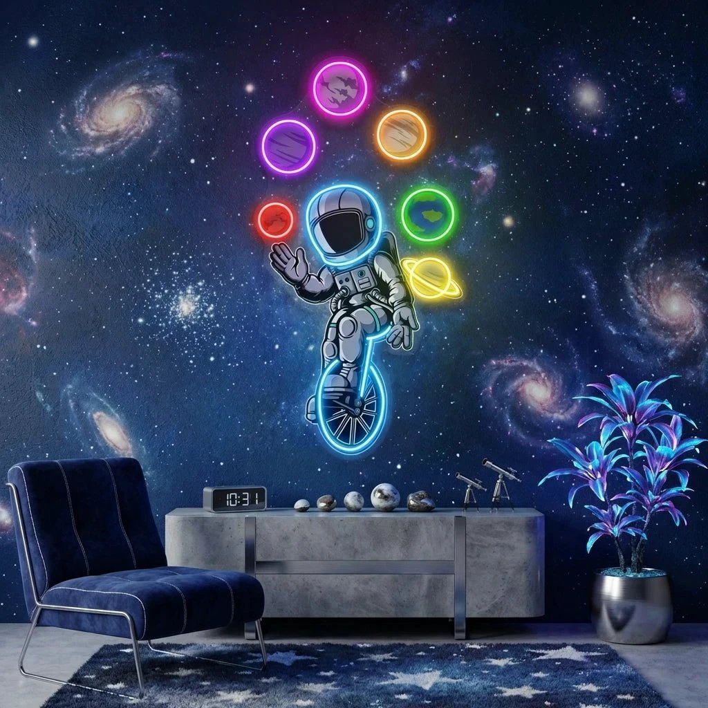 Astronaut Juggling Circus Galaxy Planets Artwork Led Neon Sign Light