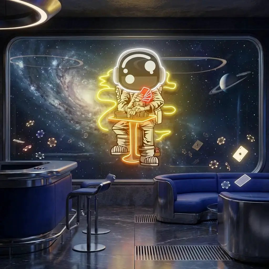 Astronaut Playing A Game Of Poker In Space Artwork Led Neon Sign Light