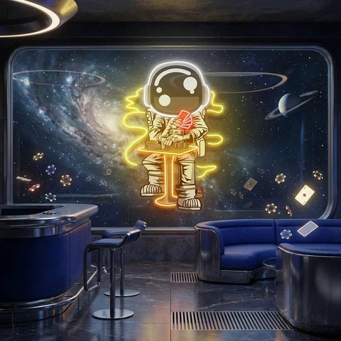 Astronaut Playing A Game Of Poker In Space Artwork Led Neon Sign Light