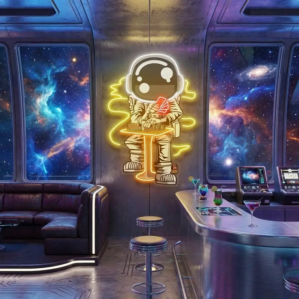 Astronaut Playing A Game Of Poker In Space Artwork Led Neon Sign Light