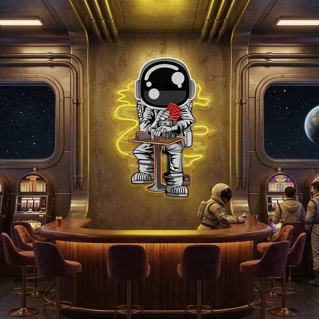Astronaut Playing A Game Of Poker In Space Artwork Led Neon Sign Light