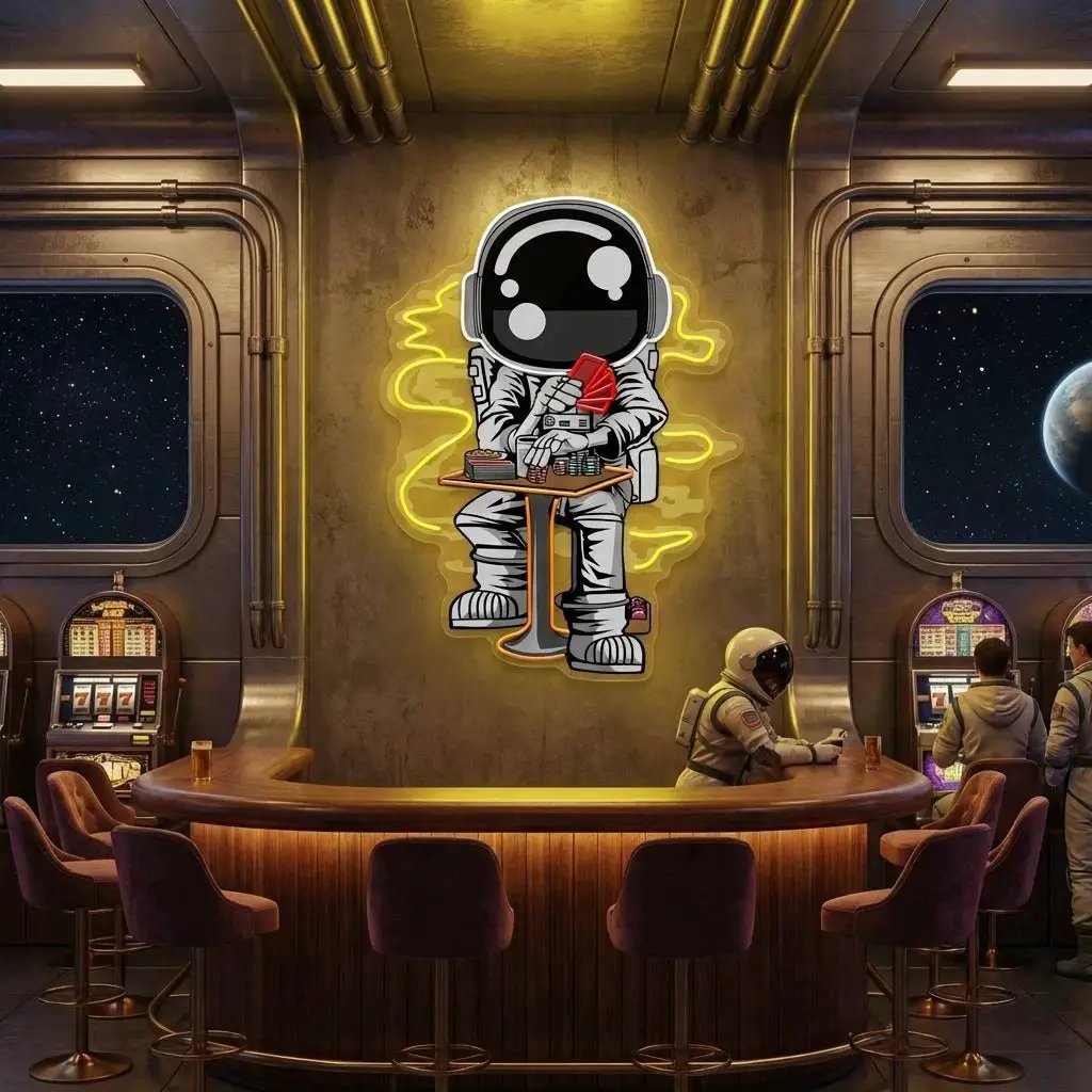 Astronaut Playing A Game Of Poker In Space Artwork Led Neon Sign Light