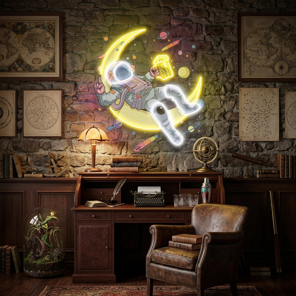 Astronaut With Beer On Moon Artwork Led Neon Sign Light