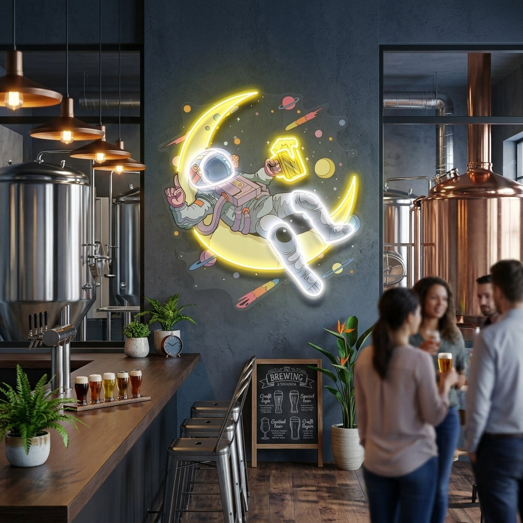 Astronaut With Beer On Moon Artwork Led Neon Sign Light