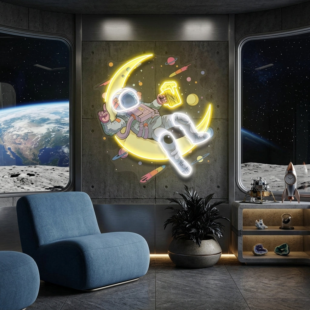 Astronaut With Beer On Moon Artwork Led Neon Sign Light