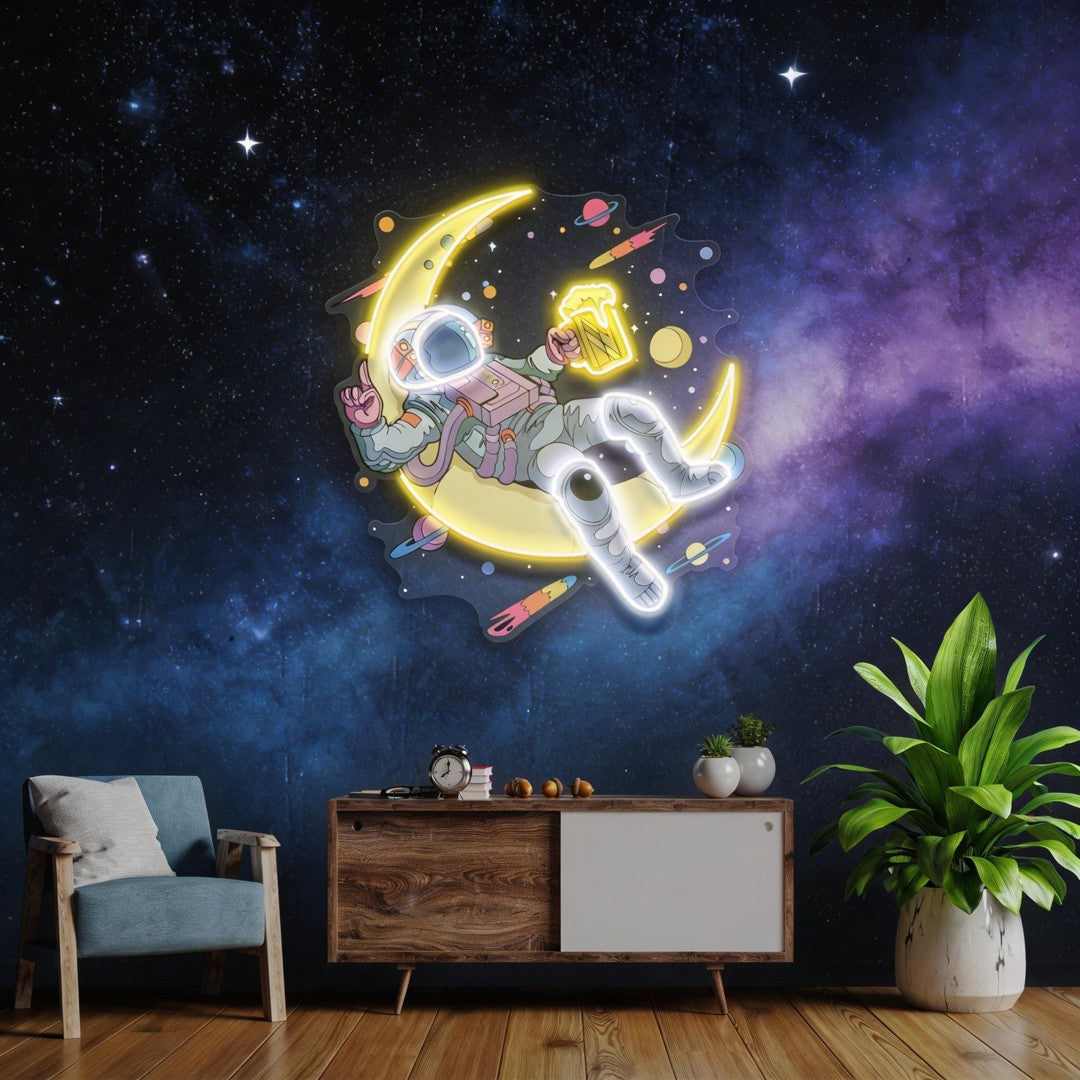 Astronaut With Beer On Moon Artwork Led Neon Sign Light