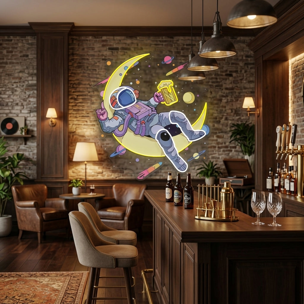 Astronaut With Beer On Moon Artwork Led Neon Sign Light