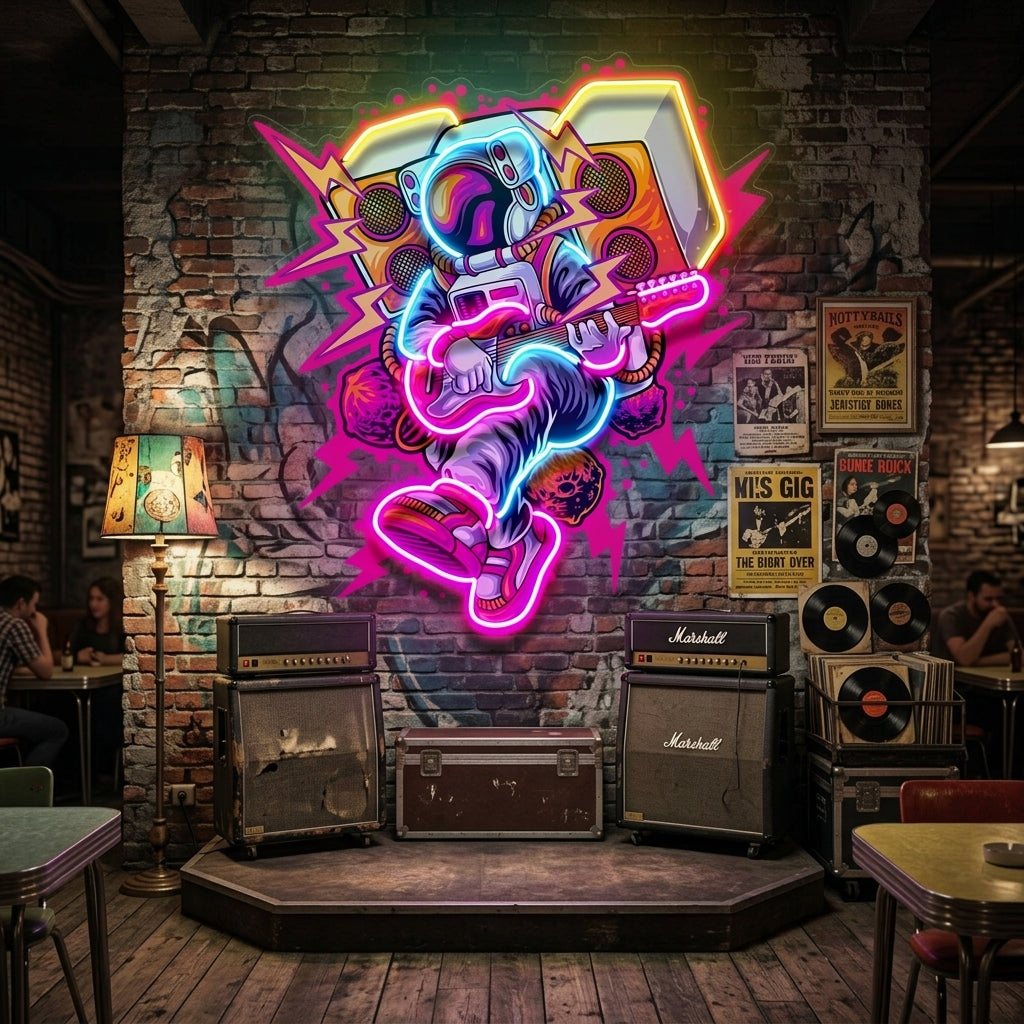 Astronaut Playing Rock Music On Space LED Neon Sign Light Pop Art