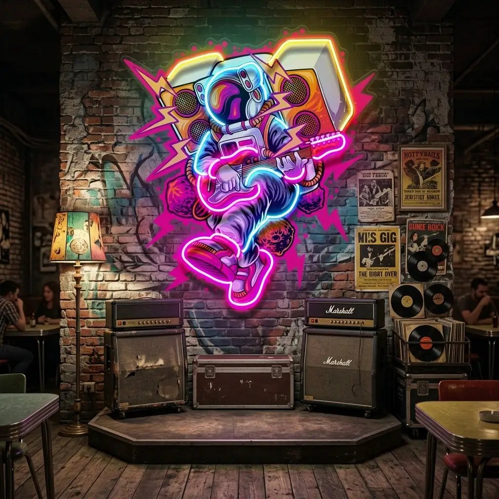 Astronaut Playing Rock Music On Space LED Neon Sign Light Pop Art