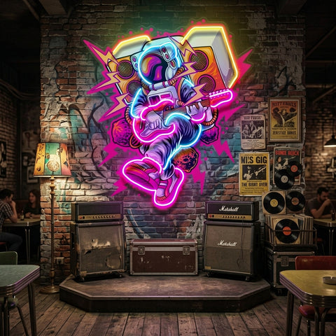 Astronaut Playing Rock Music On Space LED Neon Sign Light Pop Art