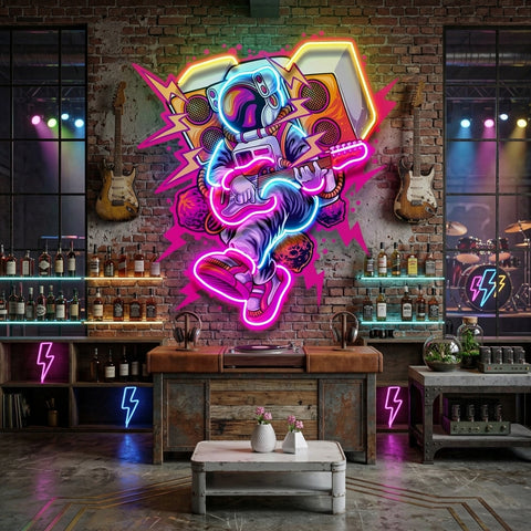 Astronaut Playing Rock Music On Space LED Neon Sign Light Pop Art