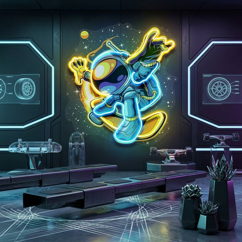 Astronauts Skateboarding LED Neon Sign Light Pop Art