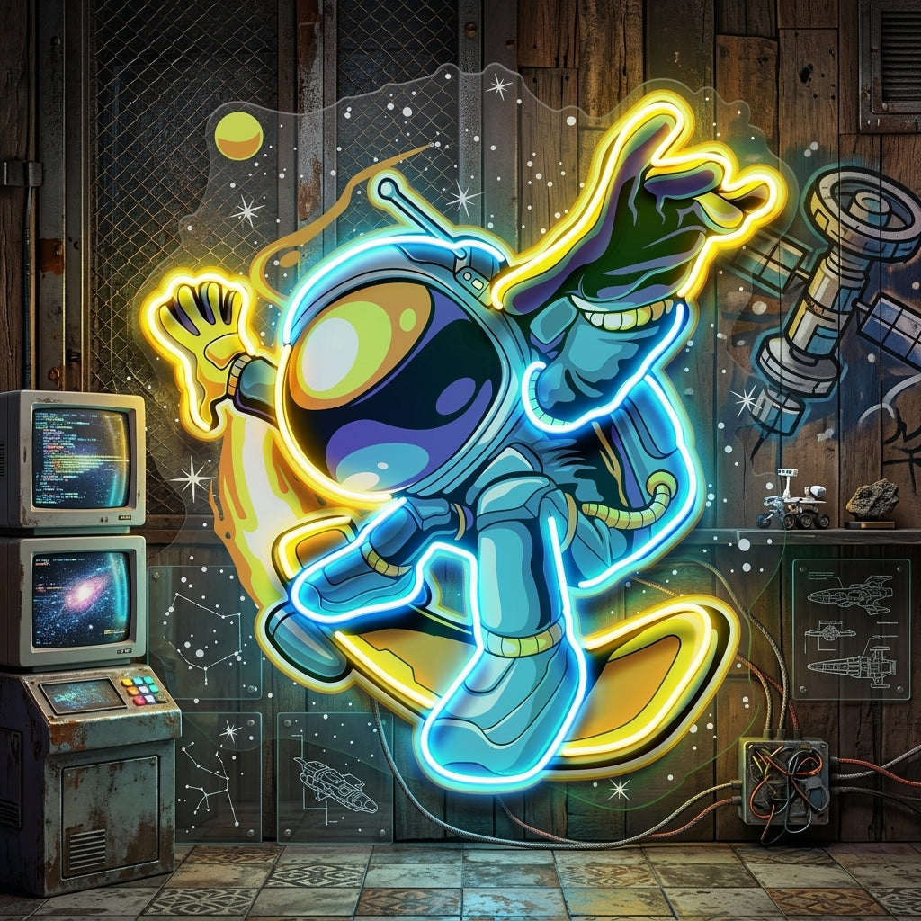 Astronauts Skateboarding LED Neon Sign Light Pop Art