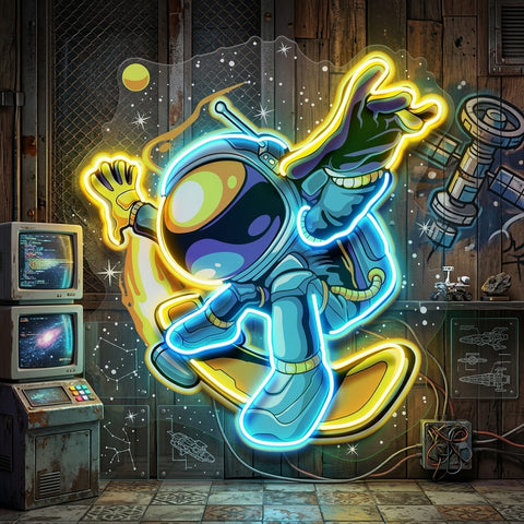 Astronauts Skateboarding LED Neon Sign Light Pop Art
