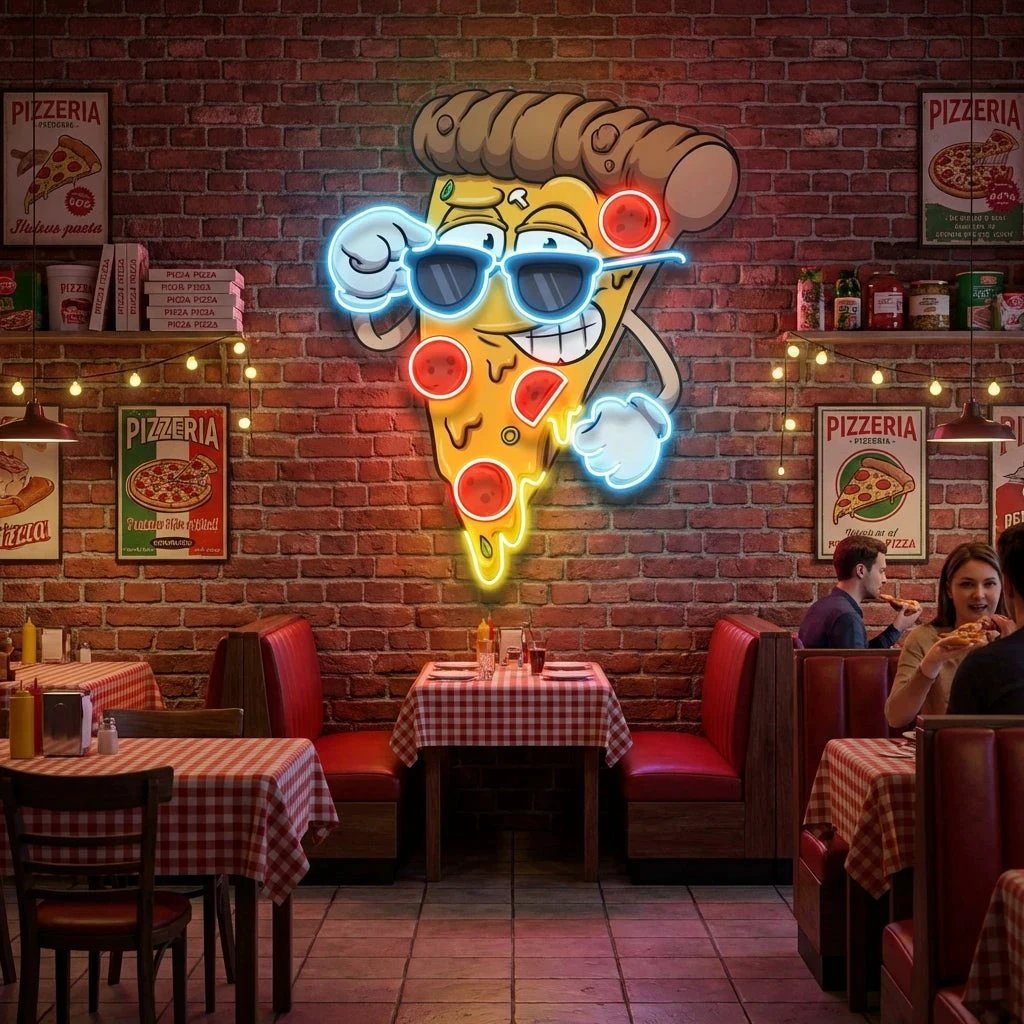 Cute Slice Of Cartoon Pizza Artwork Led Neon Sign Light