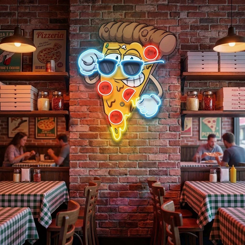 Cute Slice Of Cartoon Pizza Artwork Led Neon Sign Light