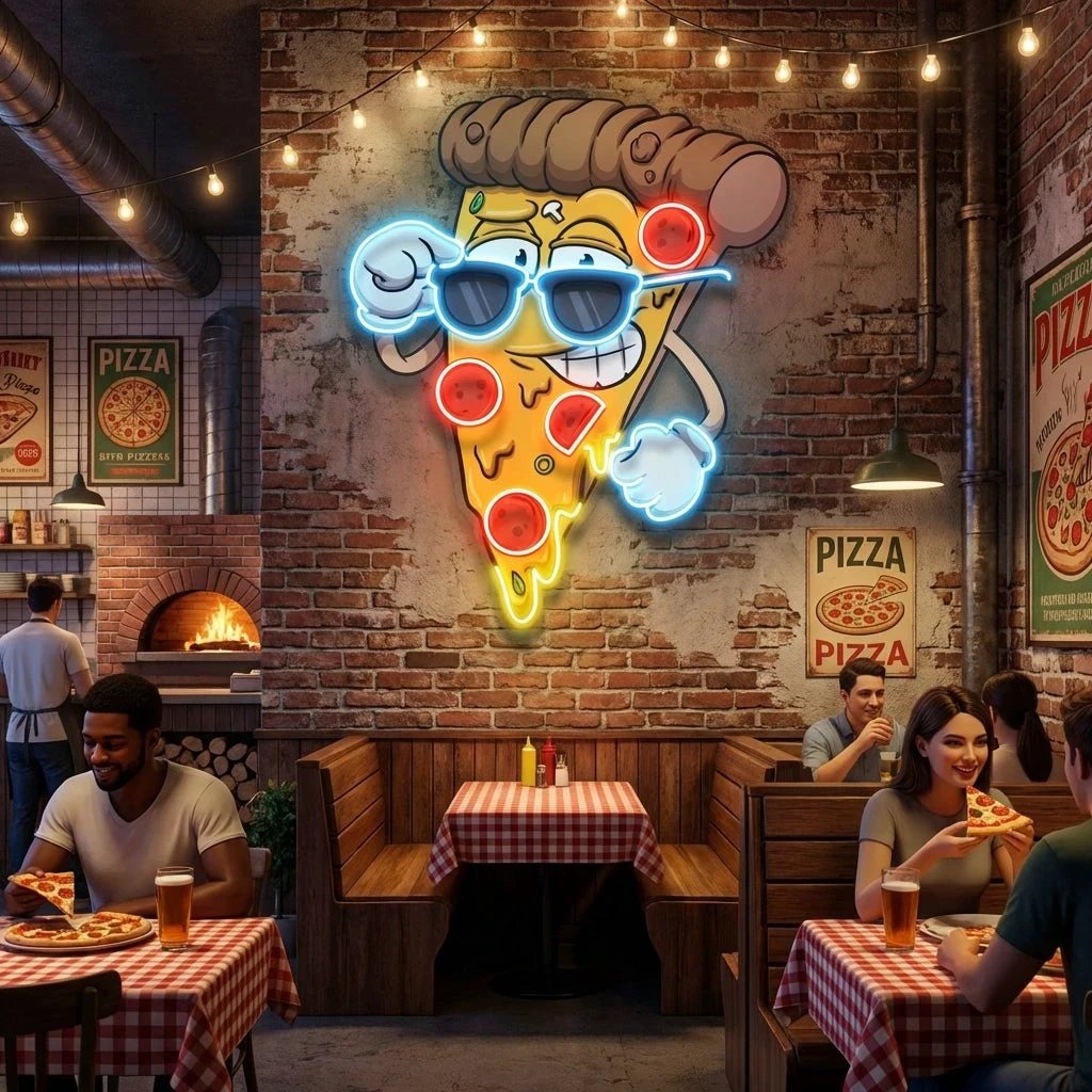 Cute Slice Of Cartoon Pizza Artwork Led Neon Sign Light