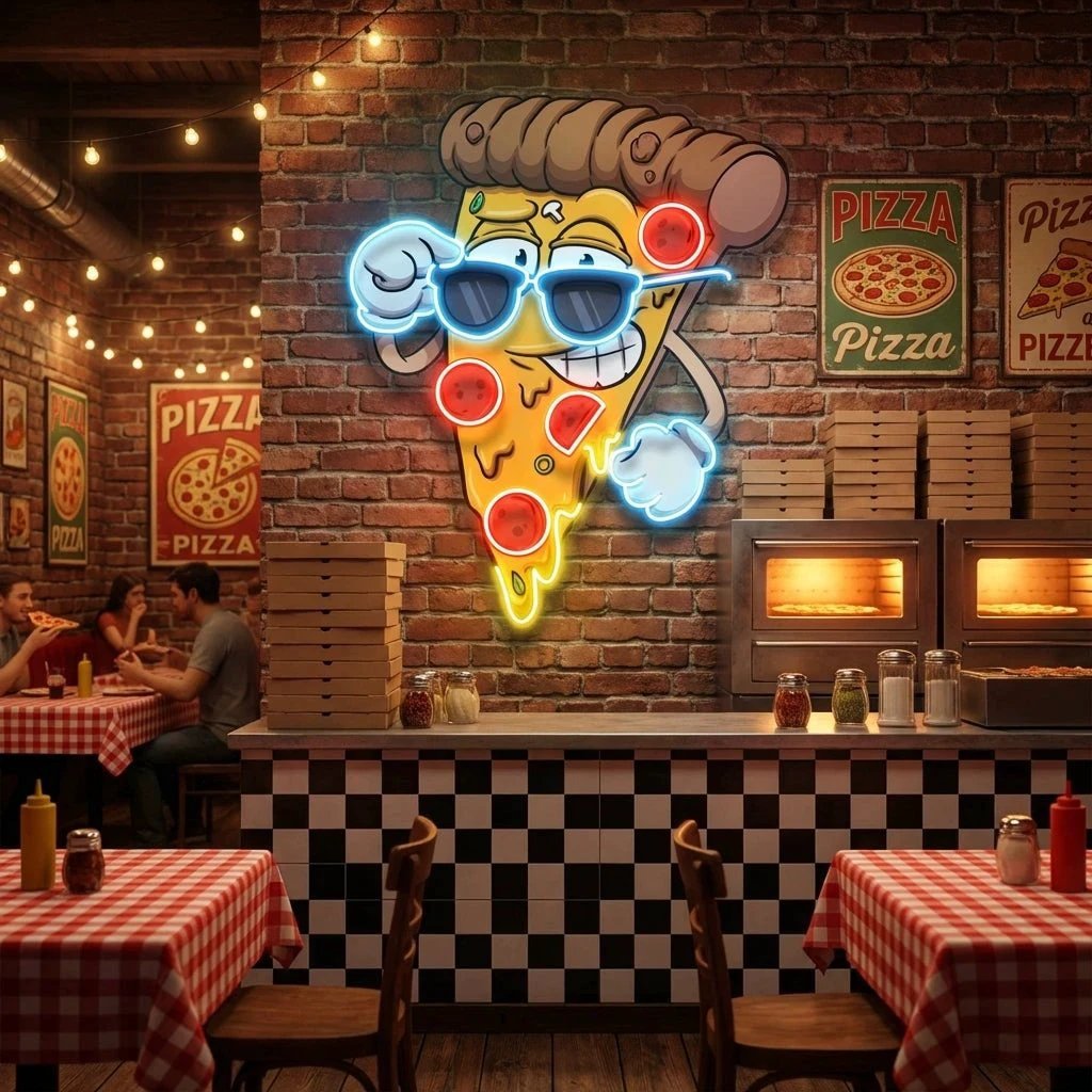 Cute Slice Of Cartoon Pizza Artwork Led Neon Sign Light