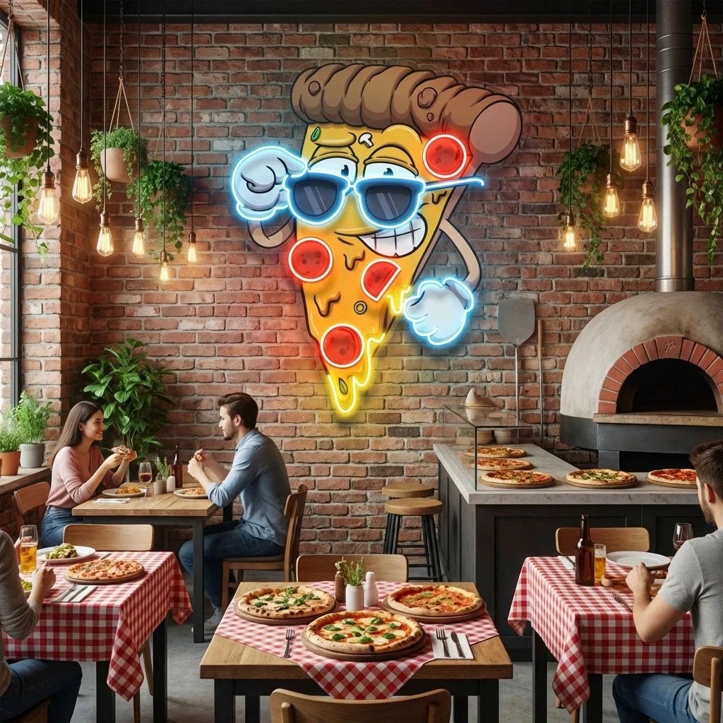 Cute Slice Of Cartoon Pizza Artwork Led Neon Sign Light