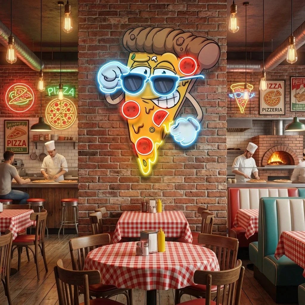 Cute Slice Of Cartoon Pizza Artwork Led Neon Sign Light