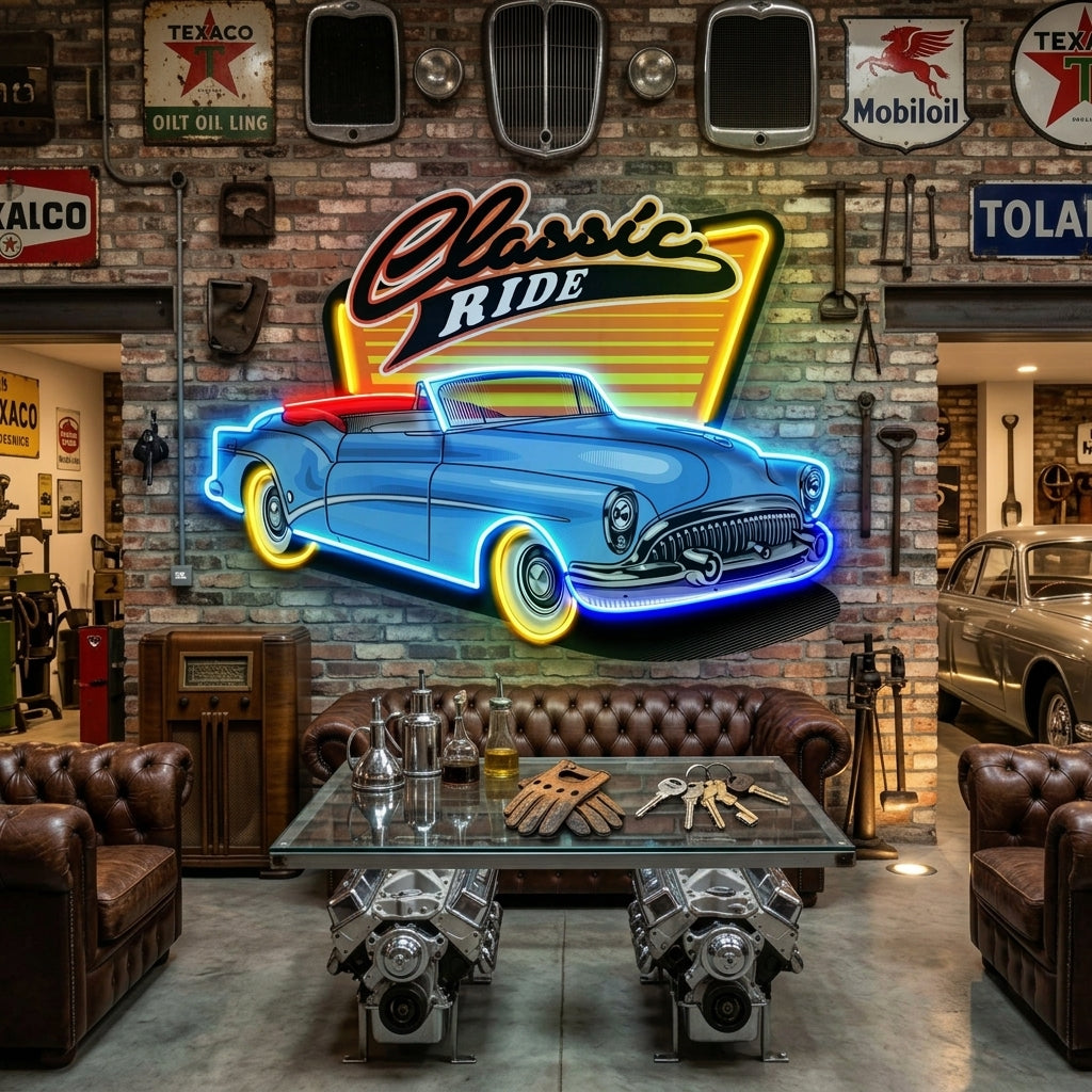 Blue Classic Car LED Neon Sign Light Pop Art