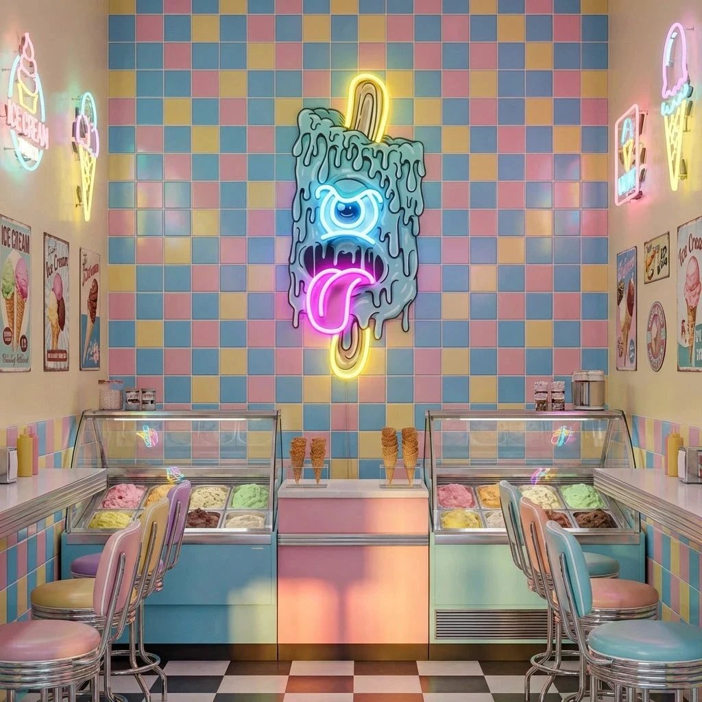 Blue Ice Cream With Face Artwork Led Neon Sign Light