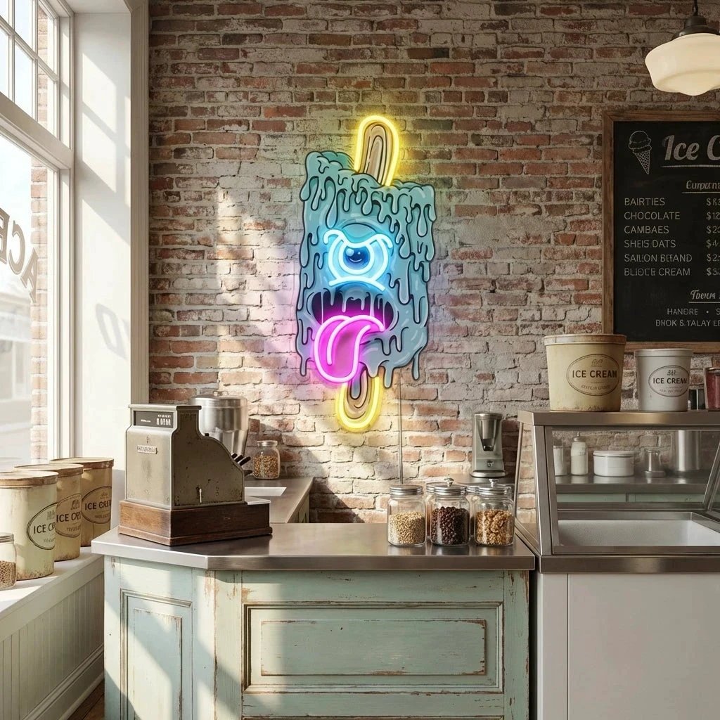 Blue Ice Cream With Face Artwork Led Neon Sign Light