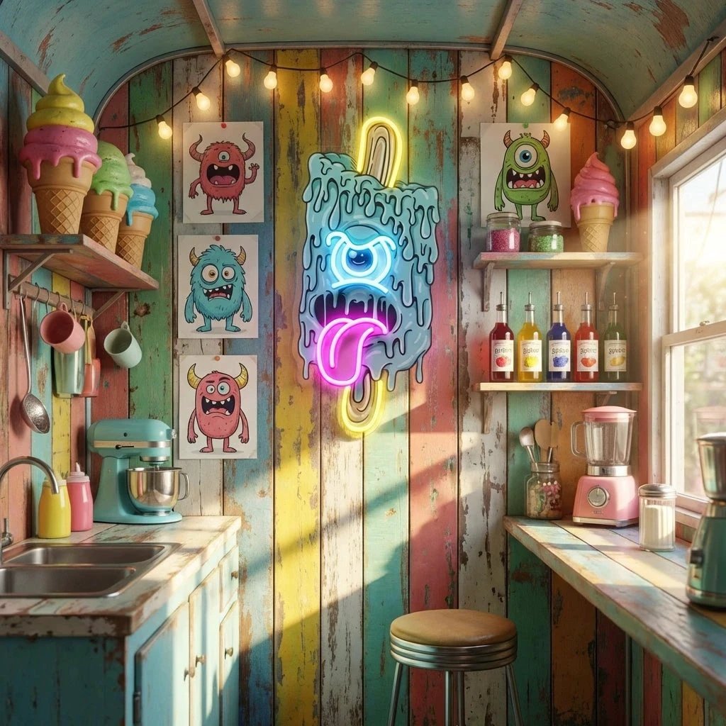 Blue Ice Cream With Face Artwork Led Neon Sign Light