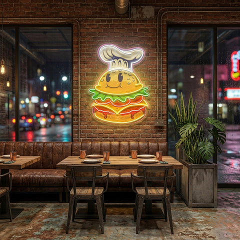 Burger Chef Food Cartoon Character Logo Mascot Artwork Led Neon Sign Light