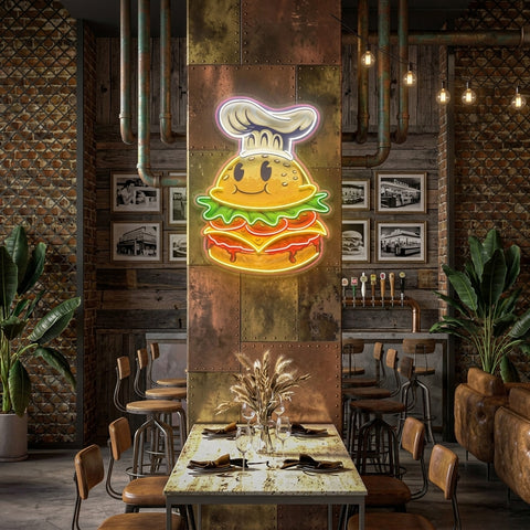 Burger Chef Food Cartoon Character Logo Mascot Artwork Led Neon Sign Light