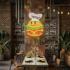 Burger Chef Food Cartoon Character Logo Mascot Artwork Led Neon Sign Light