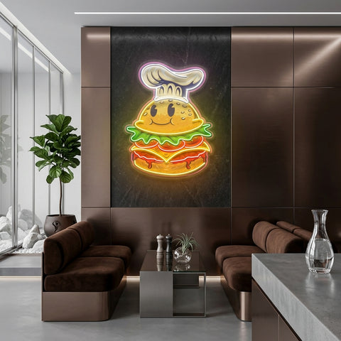 Burger Chef Food Cartoon Character Logo Mascot Artwork Led Neon Sign Light