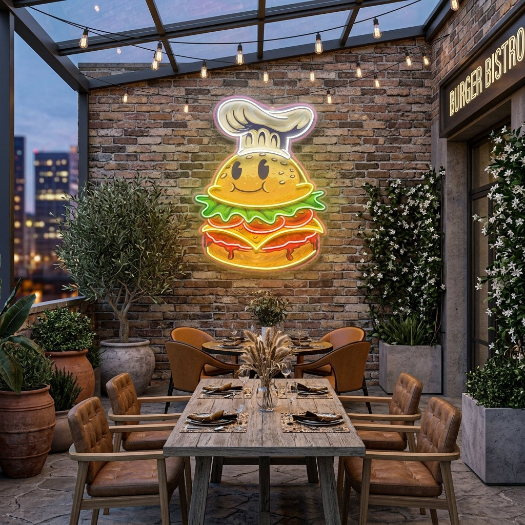 Burger Chef Food Cartoon Character Logo Mascot Artwork Led Neon Sign Light
