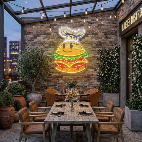 Burger Chef Food Cartoon Character Logo Mascot Artwork Led Neon Sign Light