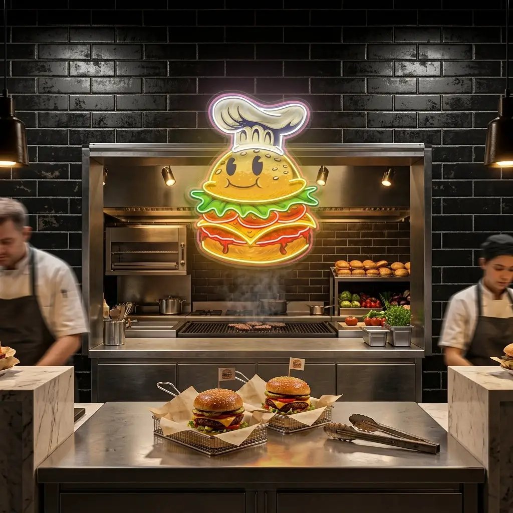 Burger Chef Food Cartoon Character Logo Mascot Artwork Led Neon Sign Light