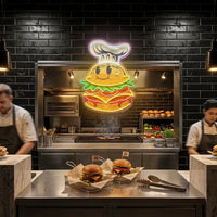 Burger Chef Food Cartoon Character Logo Mascot Artwork Led Neon Sign Light