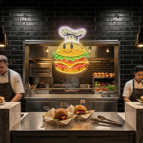 Burger Chef Food Cartoon Character Logo Mascot Artwork Led Neon Sign Light