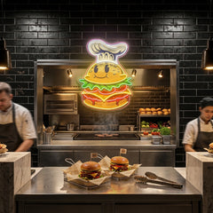 Burger Chef Food Cartoon Character Logo Mascot Artwork Led Neon Sign Light