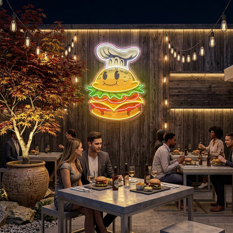 Burger Chef Food Cartoon Character Logo Mascot Artwork Led Neon Sign Light