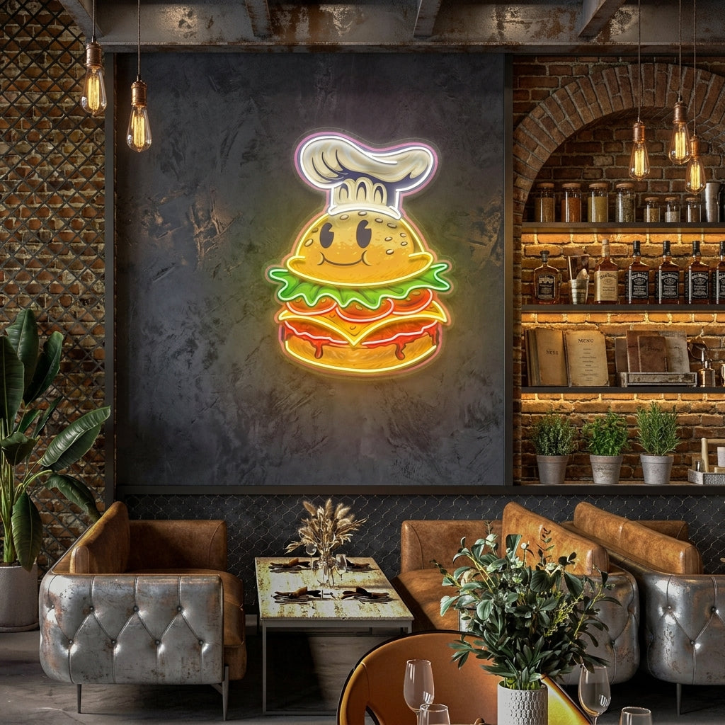 Burger Chef Food Cartoon Character Logo Mascot Artwork Led Neon Sign Light