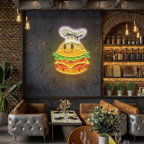 Burger Chef Food Cartoon Character Logo Mascot Artwork Led Neon Sign Light