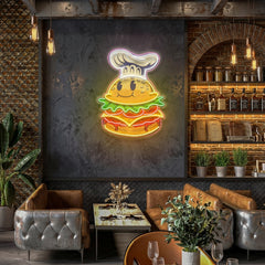 Burger Chef Food Cartoon Character Logo Mascot Artwork Led Neon Sign Light