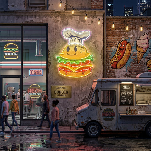 Burger Chef Food Cartoon Character Logo Mascot Artwork Led Neon Sign Light