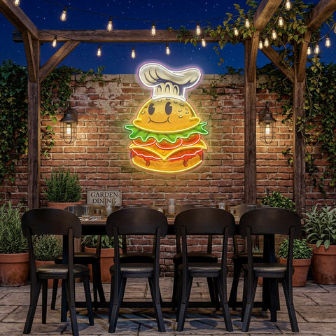 Burger Chef Food Cartoon Character Logo Mascot Artwork Led Neon Sign Light