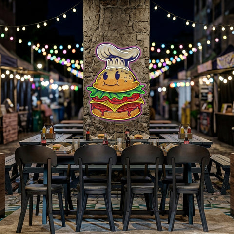 Burger Chef Food Cartoon Character Logo Mascot Artwork Led Neon Sign Light