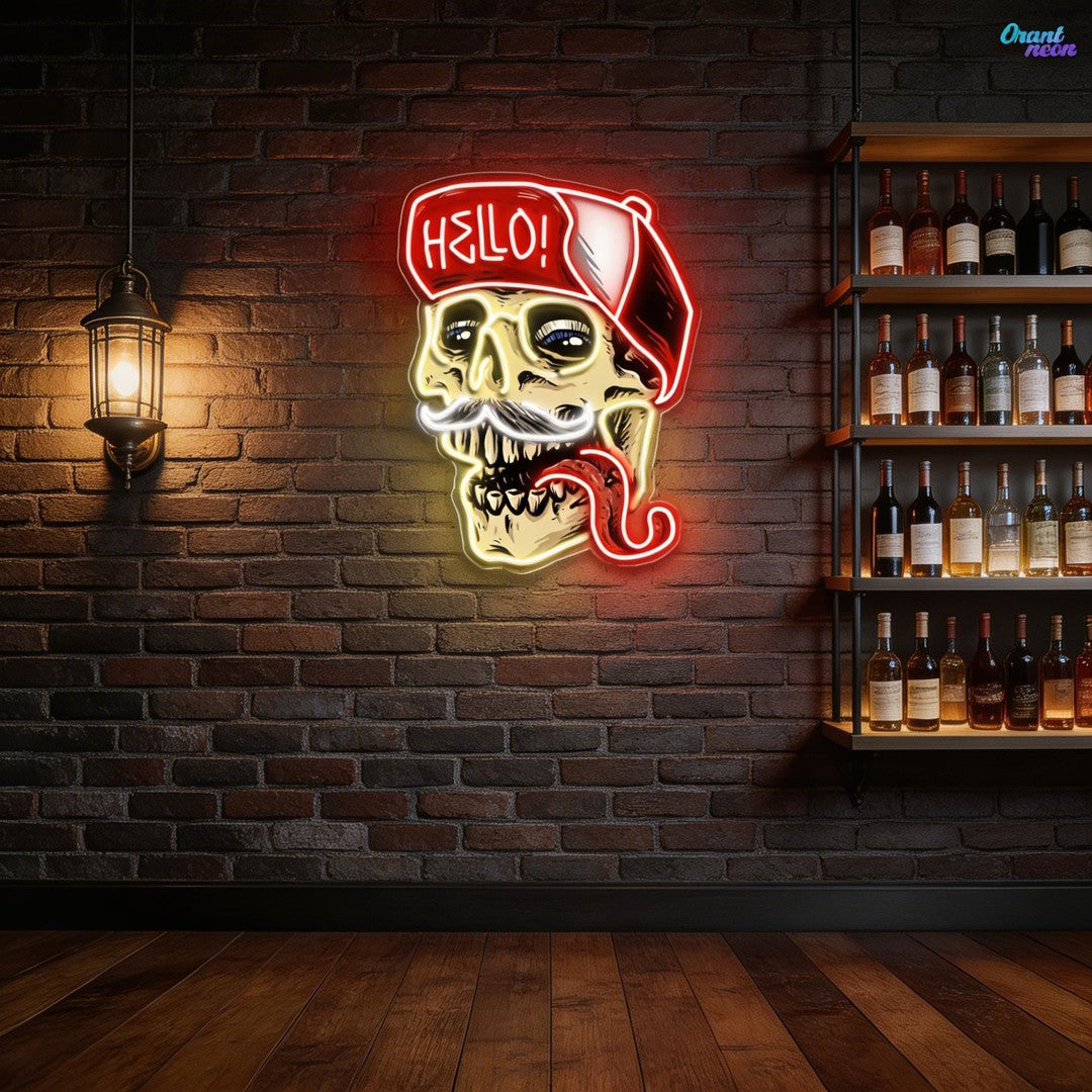 Skull Wearing Hello Hat Neon Sign Light Artwork