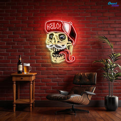 Skull Wearing Hello Hat Neon Sign Light Artwork